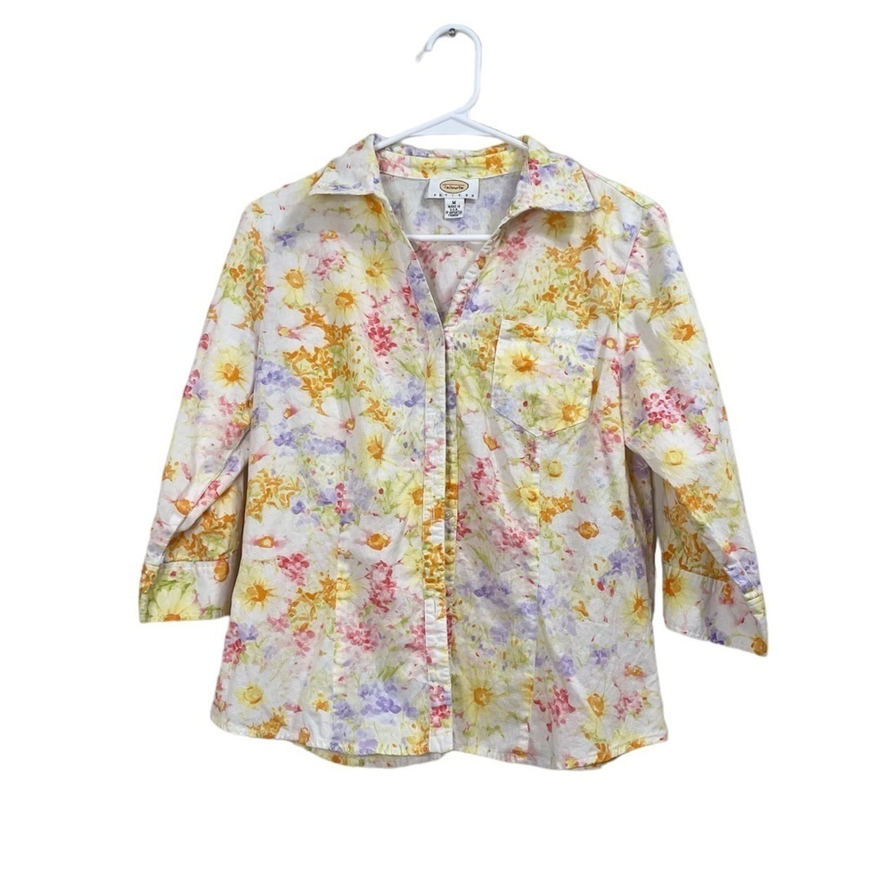 Talbots Petites Ladies P Button Up Cotton Blouse Multicolor Abstract Floral